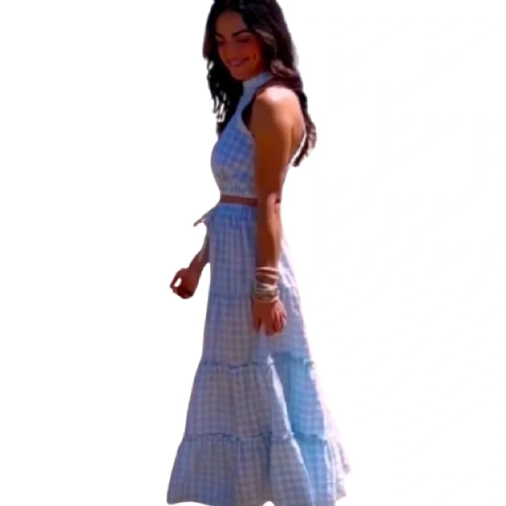 NWOT Talulah 2 Pcs Gingham Sleeveless Top Tiered Skirt Blue White Size M - Picture 2 of 15
